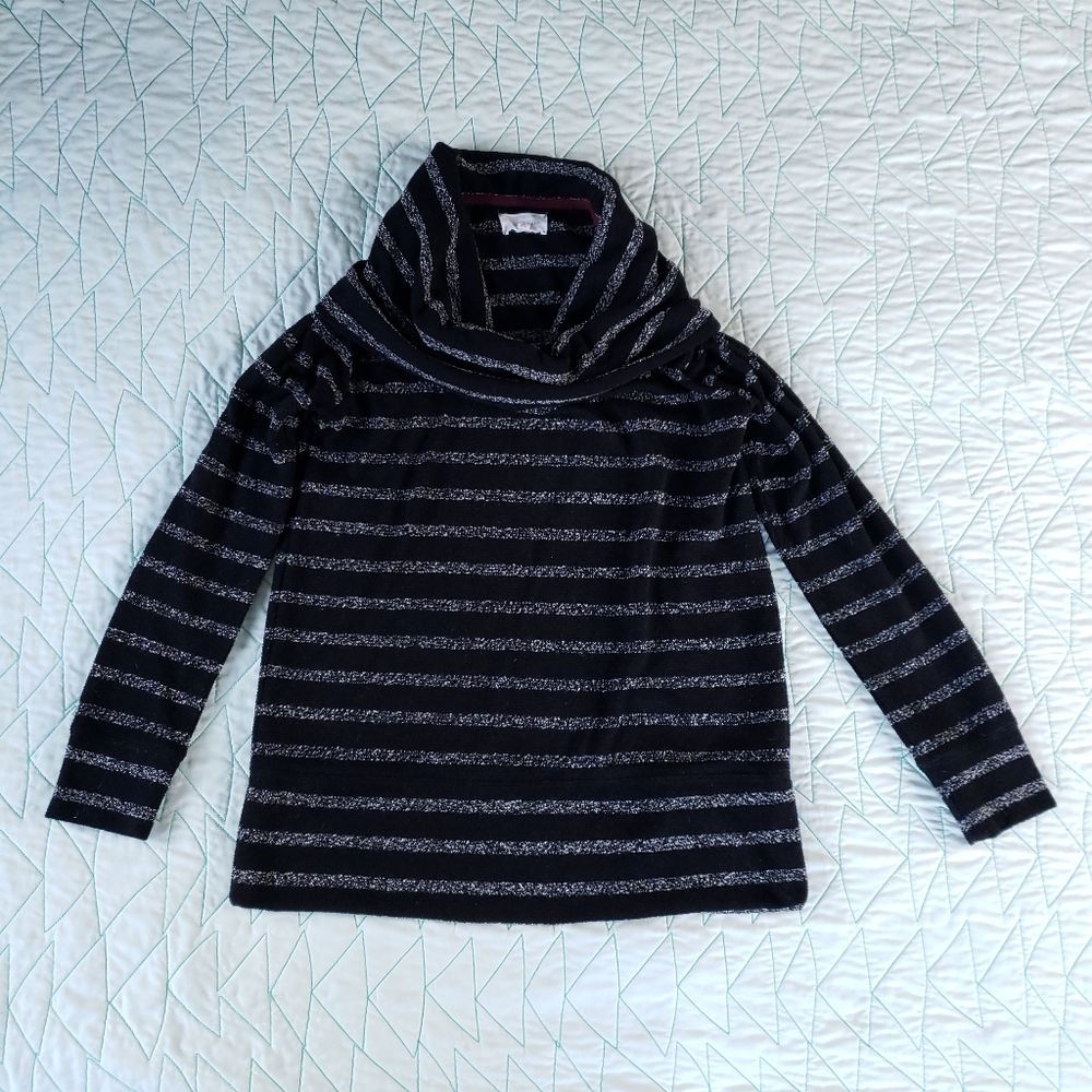 Lou & Grey Black Gray Striped Cowl Neck Sweater